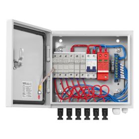 PV Combiner Box, 6 String, Solar Combiner Box with 10A Rated Current Fuse 63A Circuit Breaker Lightning Arrester and Solar Connector