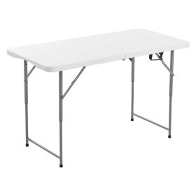 Folding Table, 4 Ft Heavy Duty Portable Fold-in-Half Utility Table, Indoor Outdoor Plastic Rectangle Table with Adjustable Height and Built in Handle
